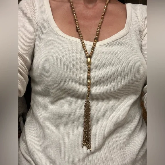 Lucky Brand Wood and brass bead Lariat necklace longer length. Beautiful! - Picture 6 of 7